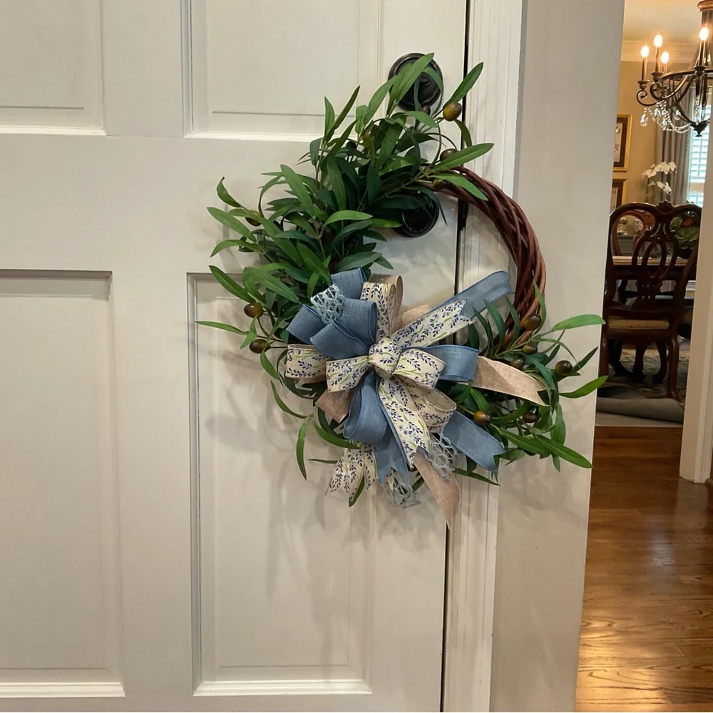 Greenery Wreath with Blue and Natural Bow - Rustic Seasonal Decor
